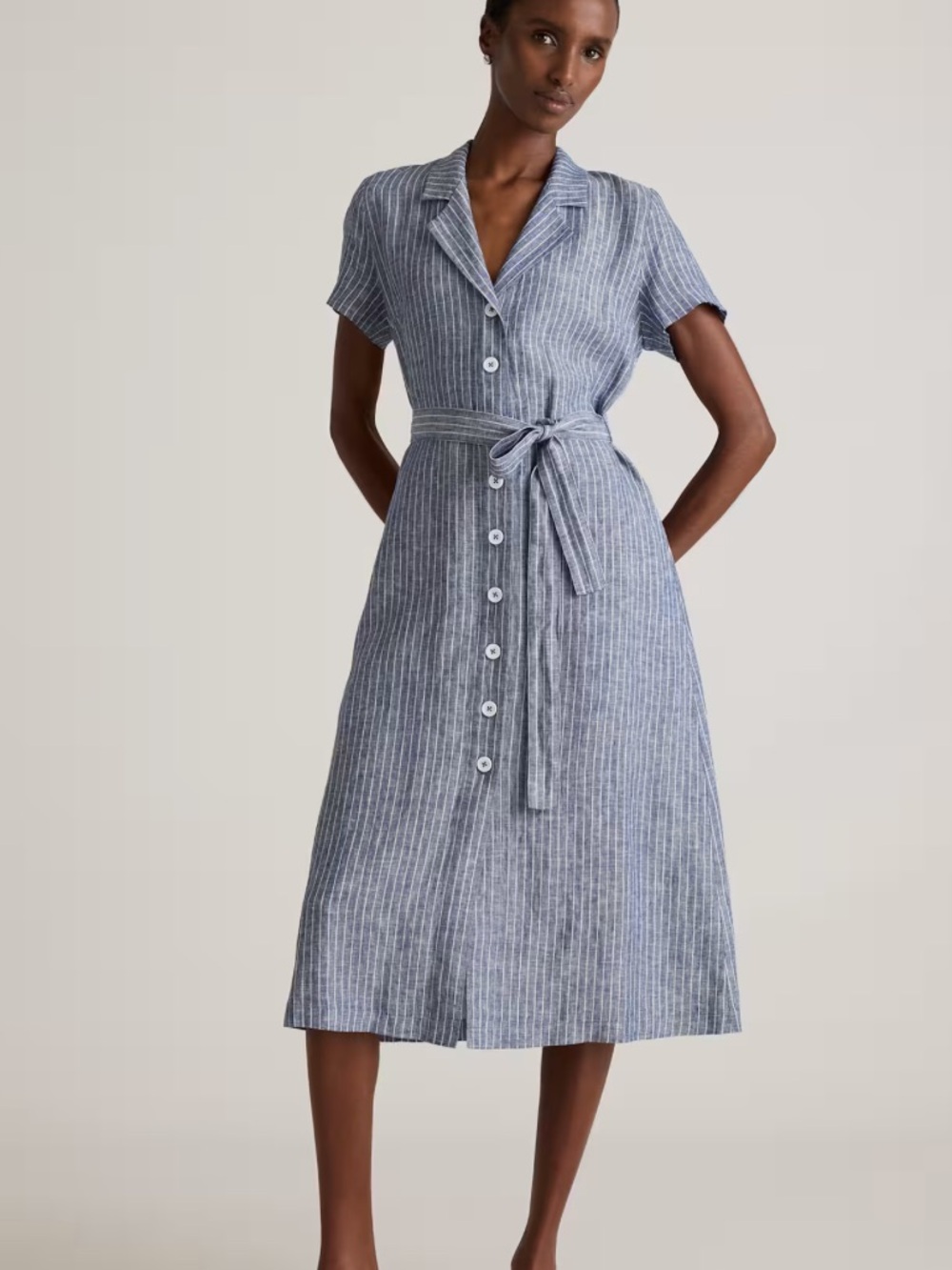 Quince Blue Stripe 100% European Linen Button Front Dress